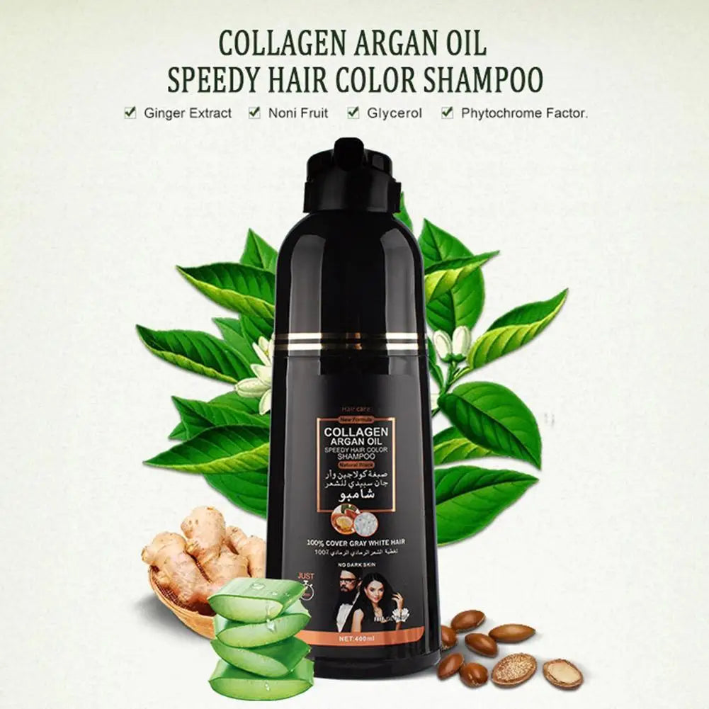 3-in-1 Collagen Argan Oil Shampoo Long-Lasting Black Hair Dye Shampoo for Men Women Nourishes Colors Gray Hair, 400/420ml