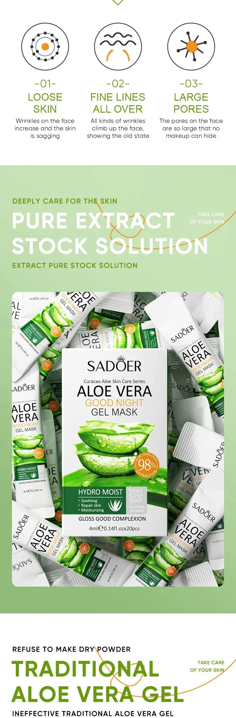 20Pcs Sadoer Aloe Vera Sleeping Facial Masks Moisturizing Anti-Wrinkles Hydrating Anti-Aging No Wash Face Mask Facial Skin Care