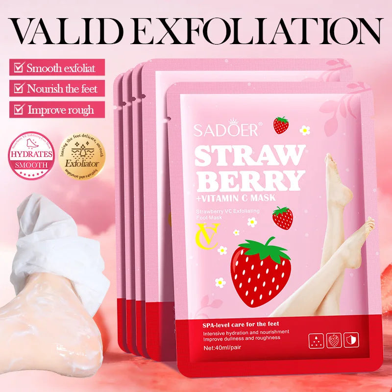 5 Pairs SADOER Strawberry Foot Mask Moisturizing Whitening Foot Peeling Mask Exfoliating Feet Spa Pedicure Exfoliant Skin Care