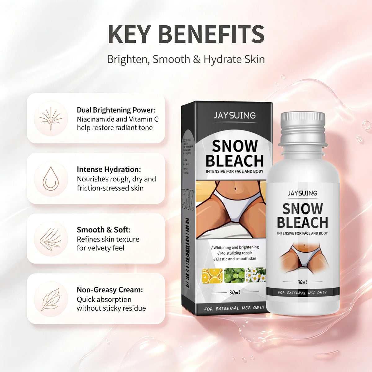 Body Snow Bleach Cream Dark Spot Corrector Niacinamide Brightening Body Cream for Underarms Inner Thighs Knees Elbows Bikini Are