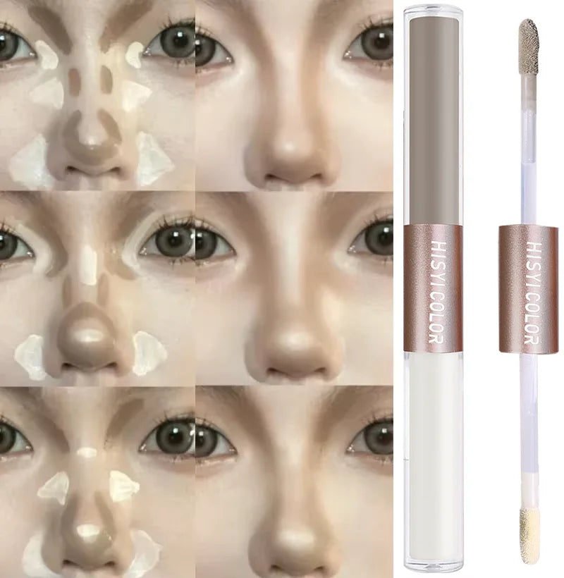 The dual-head highlighter brightens the complexion, regulates facial contours, and is long-lasting and waterproof
