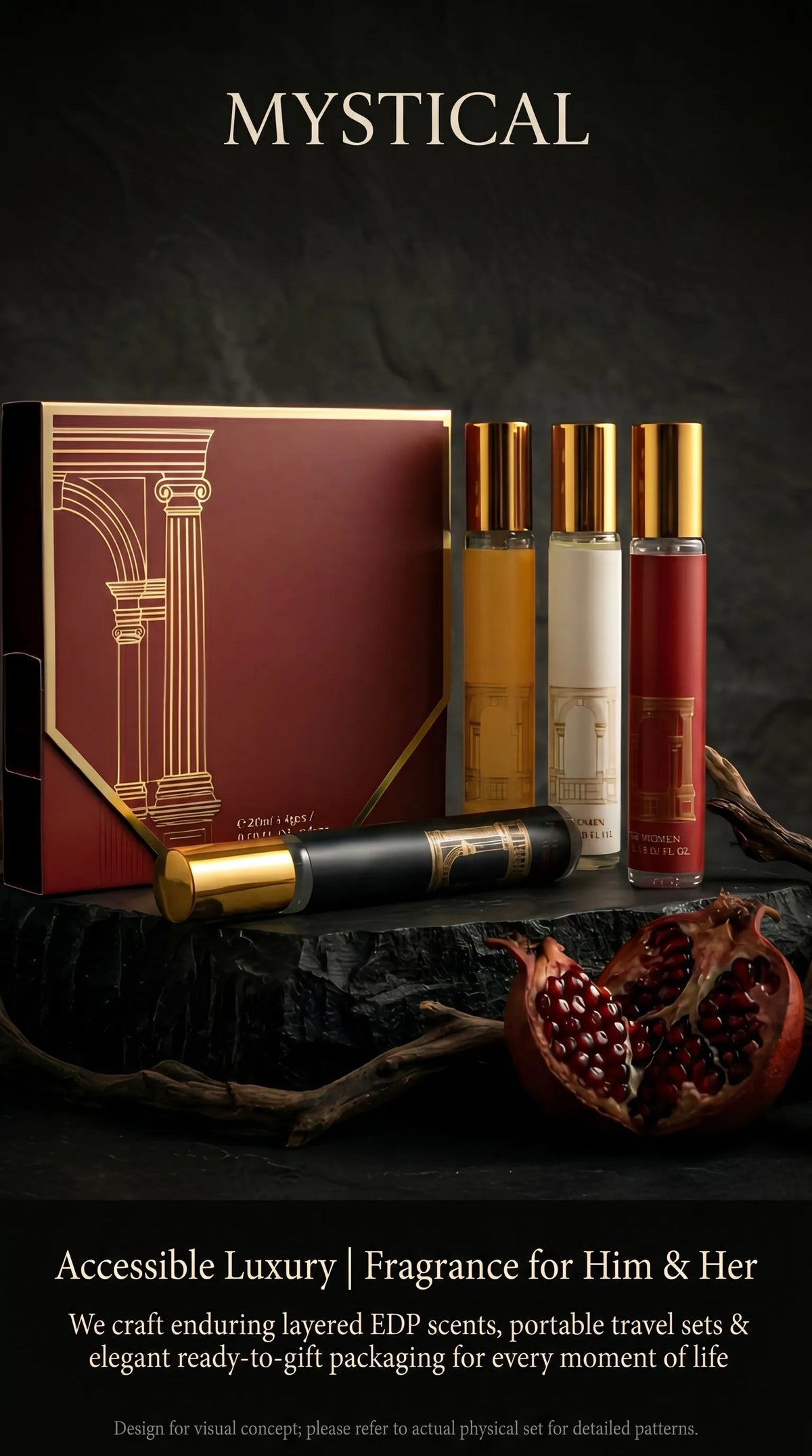 MYSTICAL 4pcs Women's Perfume Variety Collection, Long Lasting EDP Scent Wardrobe for Beach Vacations, Office & Zen Evenings, Coconut Milk, White Tea, Rich Rose & Oud Scents, 0.68oz X 4 Portable Purse Sprays, Luxury Salon Fra