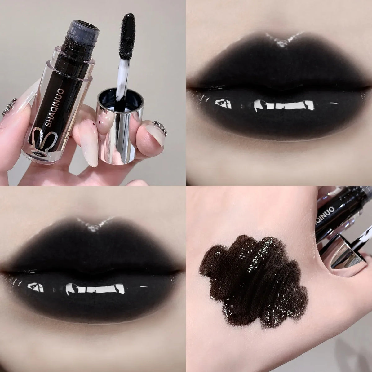 SHAQINUO Water Light Mirror Lip Gloss Lasting Moisturizing Cool Black Silver Gray Pearlescent Fine Sparkling Lipstick Lip Oil