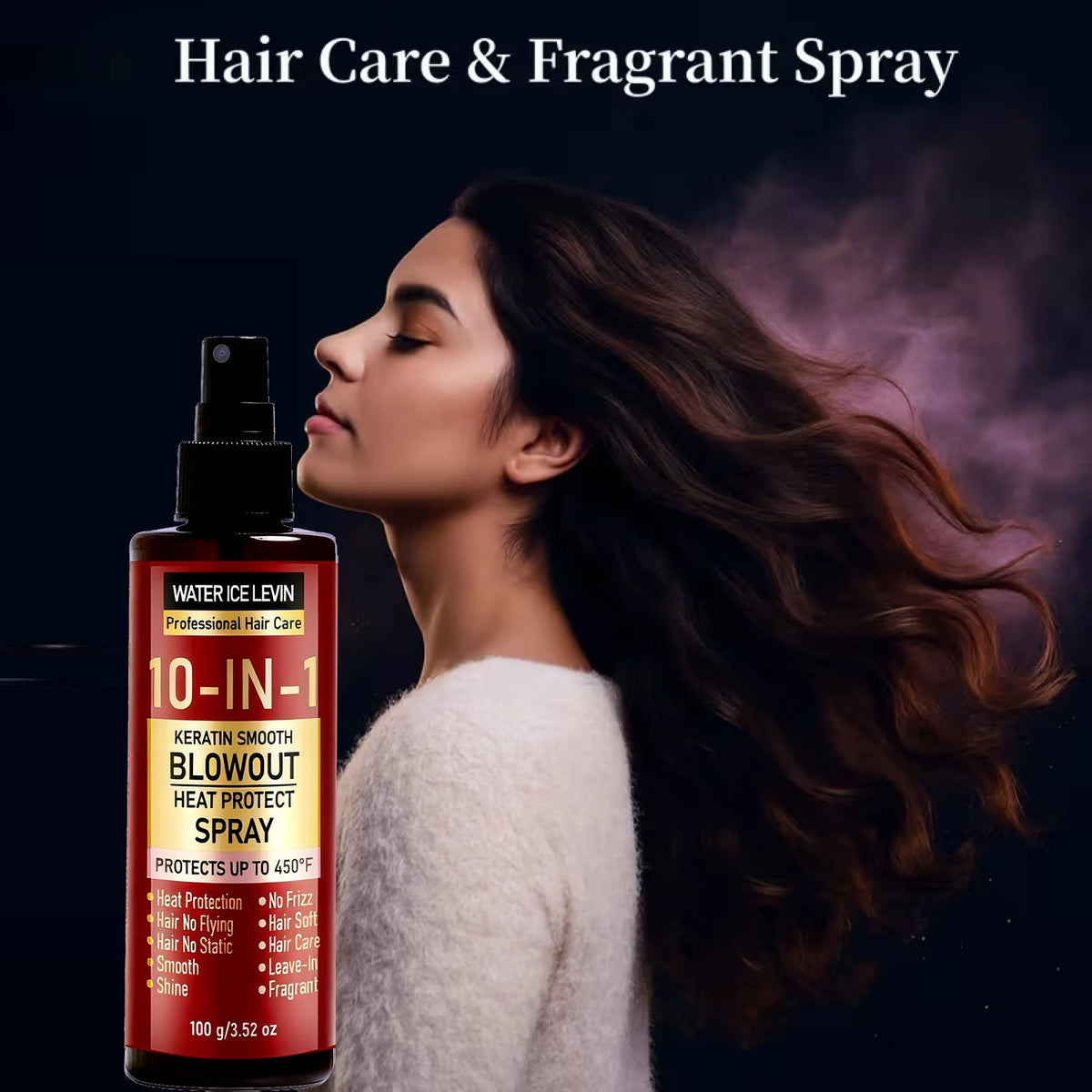 10-IN-1 Heat Protect Spray with Keratin, Collagen & Hyaluronic Acid – Smoothing Anti-Frizz Shine Leave-In Hair Care 100g