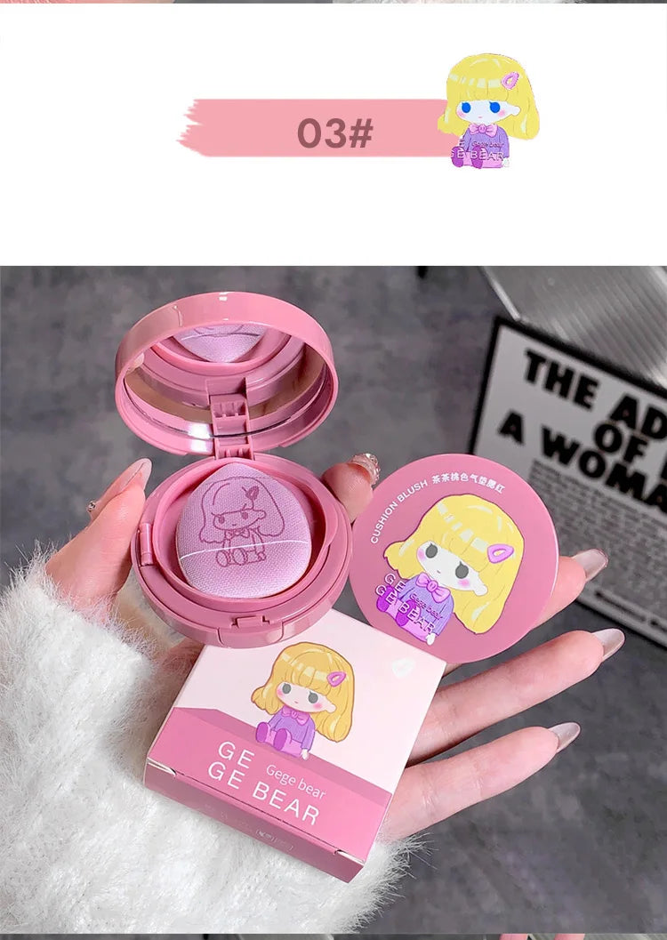 Cushion Blush Blendable Shade with Powder Puff Whitening without Sticking Long Lasting Gege Bear Makeup Blusher