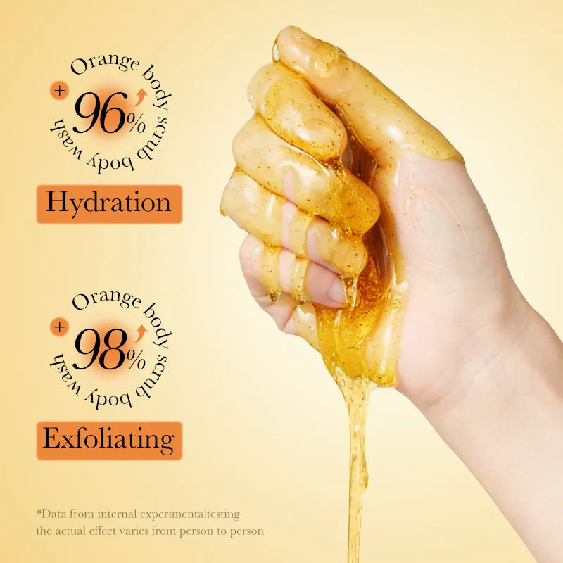 300ml Orange Body Scrub Shower Gel, a Cleansing Body Wash Containing Fresh Orange Extract, Citrate Salts, and Other Skin Care Ingredients. the Fine Scrub Particles Deeply Cleanse Skin Impurities and Dead Skin Cells, While Hyd
