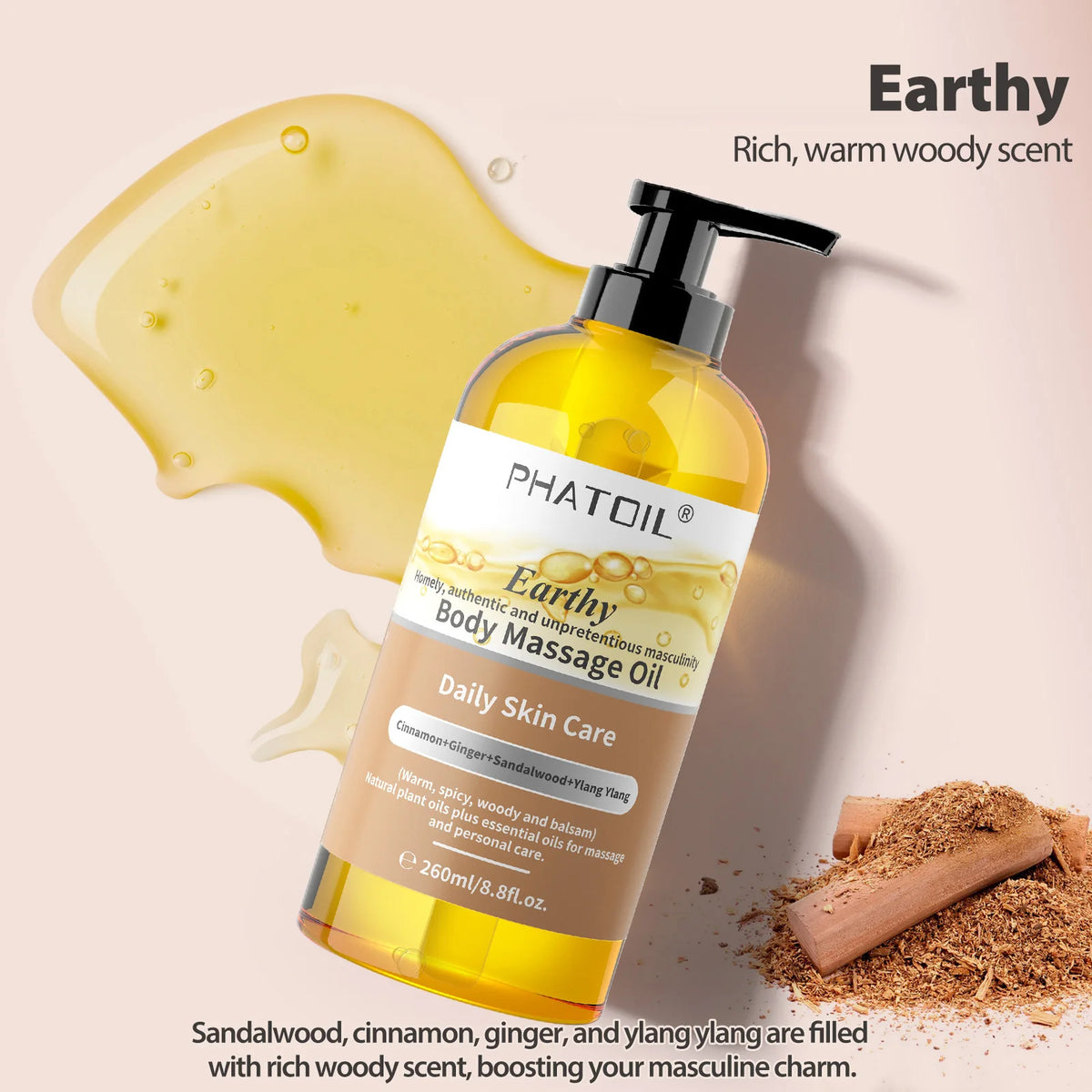 PHATOIL 260ml Body Oil-Deeply Moisturizing & Soothing Massage Oil with Long-Lasting Fragrance Vanilla Ginger Rosemary Body Oils