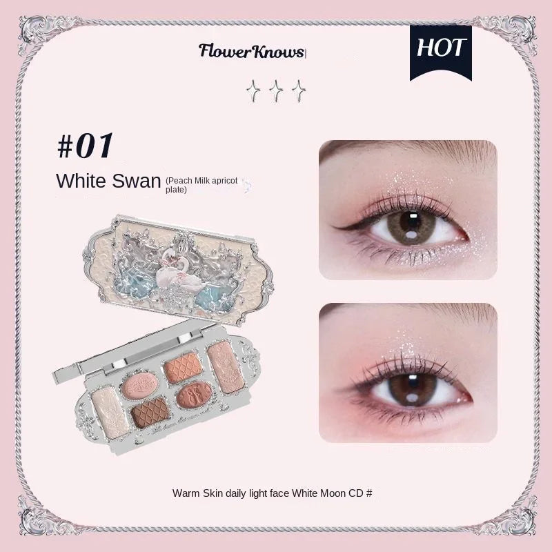 Flower Knows Black Swan Ballet Eyeshadow Palette Matte Fine Shimmer Pearl Face Palette 6 Colour Glitter Eye Shadow