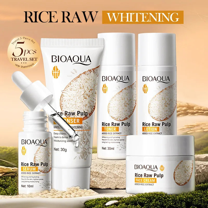 5pcs BIOAOUA Rice Raw Whitening Set Brighten Hydrating Moisturize Soothing Facial Cleanser+toner+essence+lotion+cream Skincare