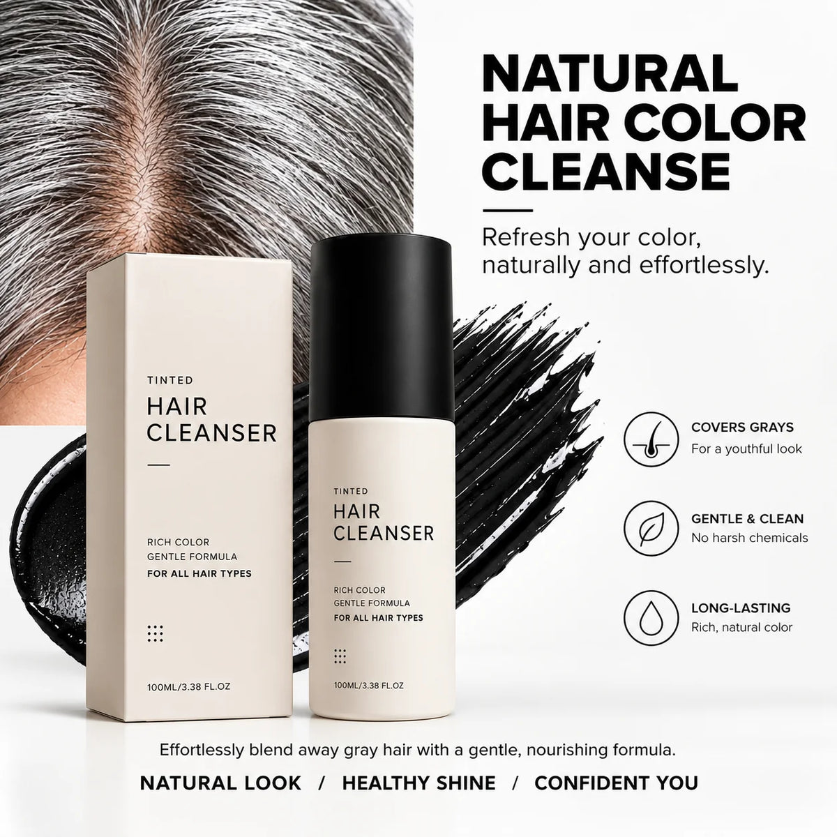 3 In 1 Semi‑Permanent Hair Color Shampoo,Long Lasting Home Hair Coloring Mess‑Free Gray Hair Solution Mild Botanical Dye Shampoo