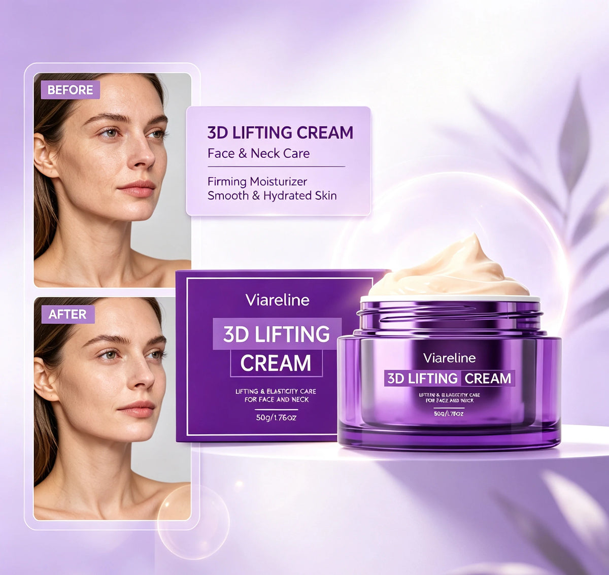 Viareline 3D Lifting Cream, Face & Neck Firming Moisturizer, Improve Skin Elasticity Anti-Aging Daily Facial Cream 50g