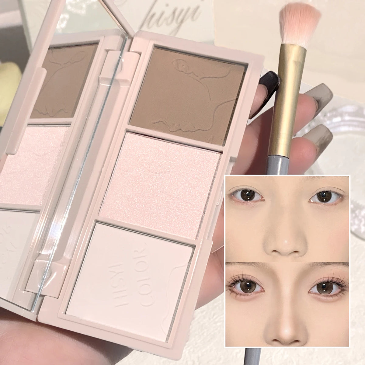 Light Sensation Three-Color Contour Powder, Pearlescent and Matte, 3D Highlight and Shadow Powder, All-in-One Palette