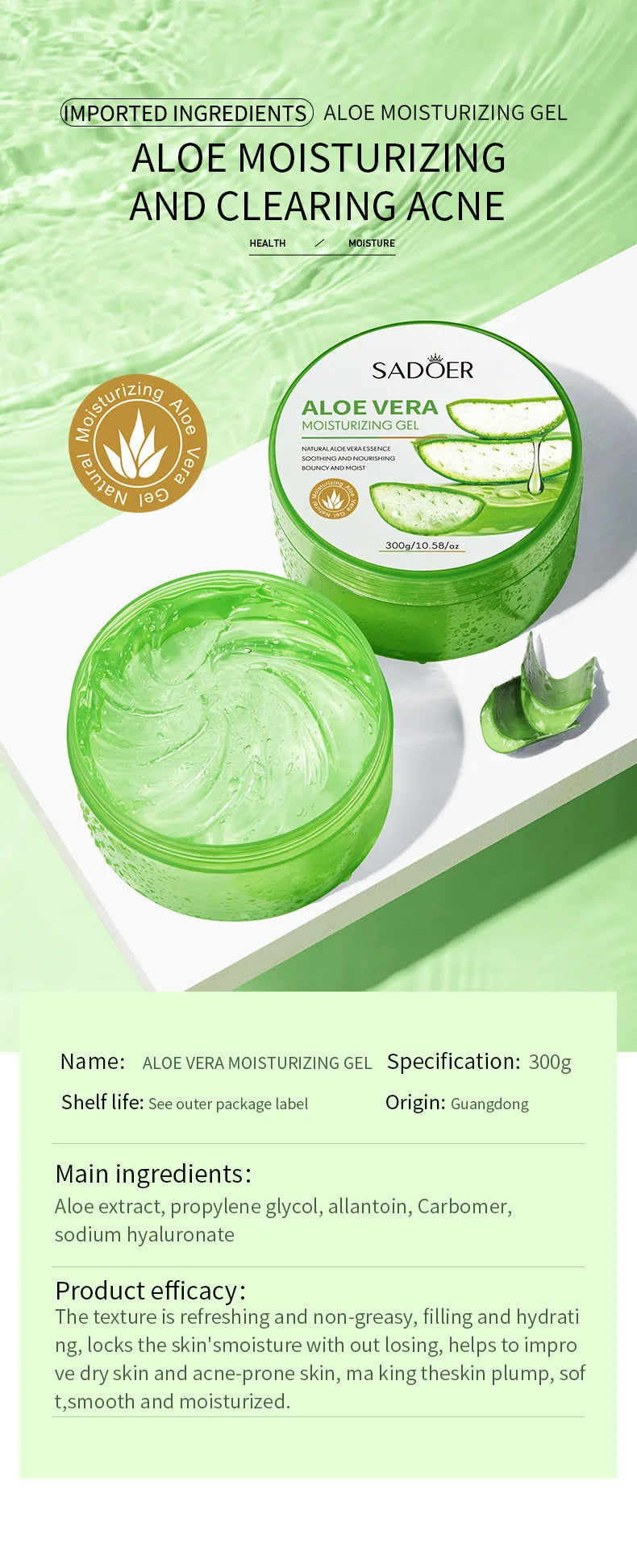 300g Aloe Vera Hydrating Gel Vitamin C & Collagen Moisturizer Skin Gel Evening Primrose VE Soothing Repair Gel for Face & Body