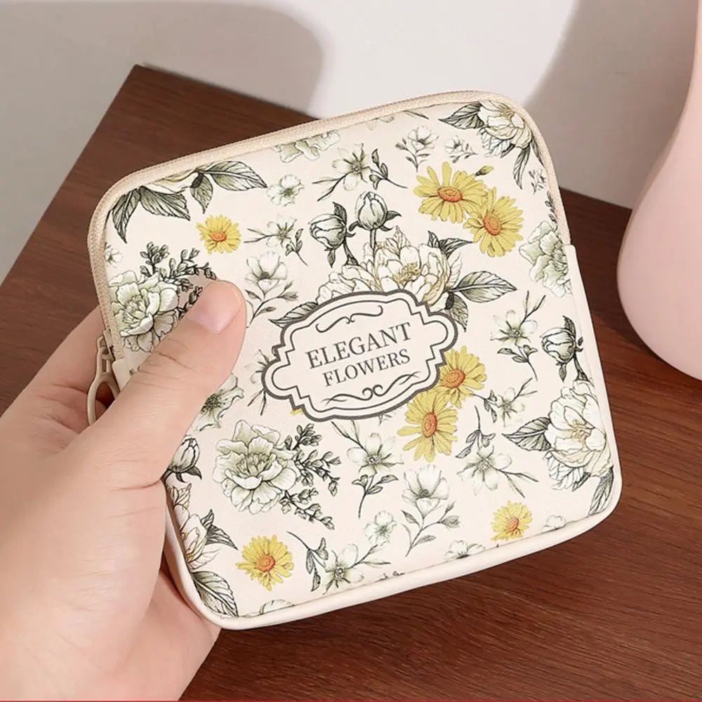 Creative PVC Sanitary Pads Bag Fashion Floral Print Large Capacity Multipurpose Coin Purse Portable Cosmetic Storage Bag