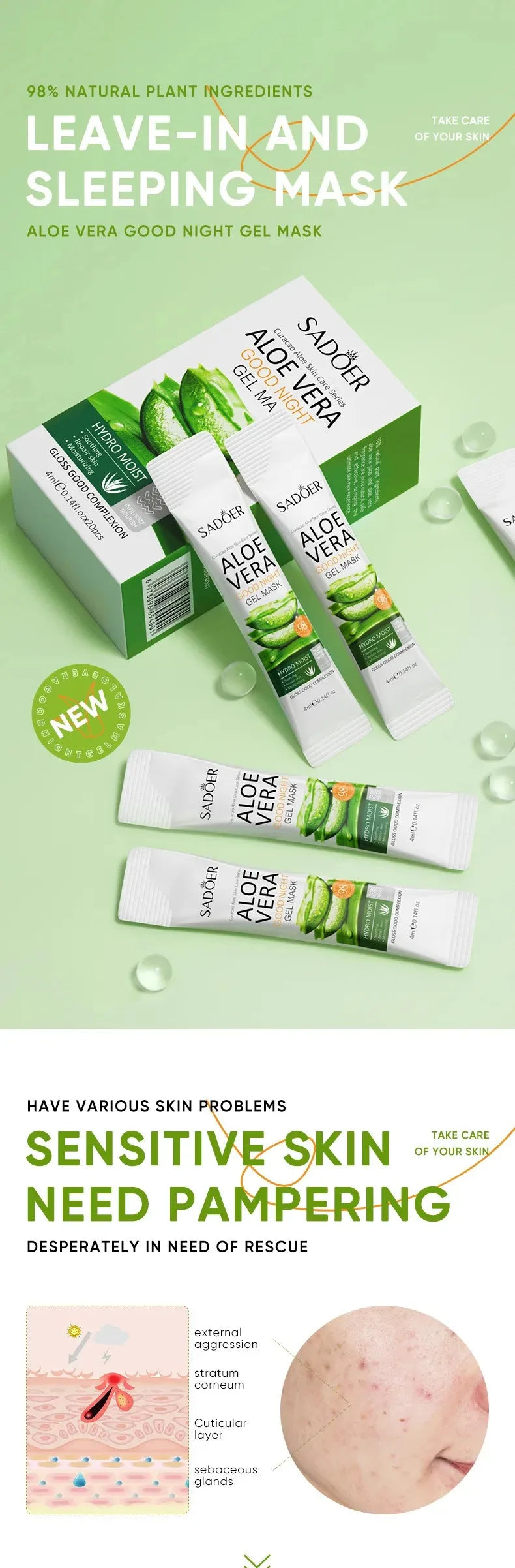 20Pcs Sadoer Aloe Vera Sleeping Facial Masks Moisturizing Anti-Wrinkles Hydrating Anti-Aging No Wash Face Mask Facial Skin Care
