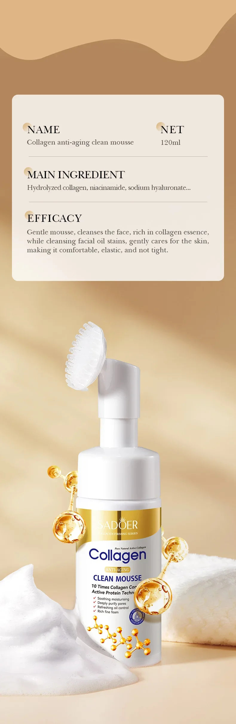 SADOER Collagen Facial Cleanser Mousse Deep Cleansing Skincare Moisturizing Firming Face Wash Foam Cleanser Skin Care Products