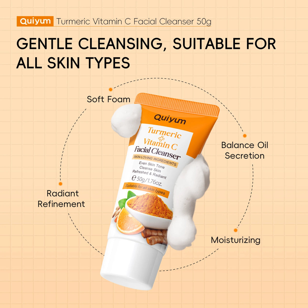 Quiyum Turmeric Vitamin C Cleanser Brighten Skin Tone Gentle Cleansing Face Wash Oil Control 50g