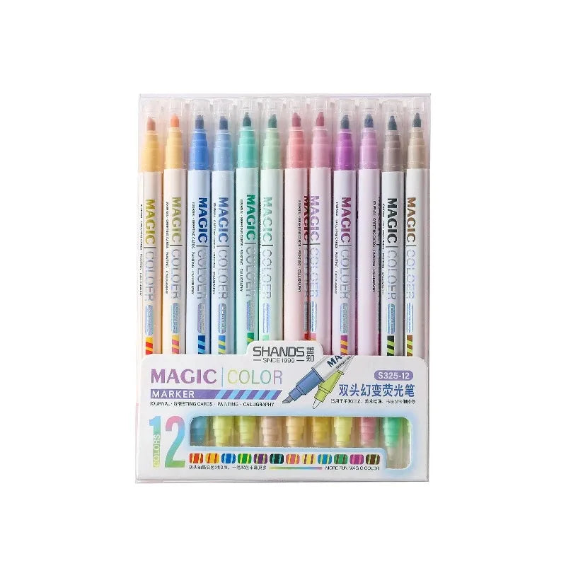 12pcs Double-ended Magic Color Changing Highlighter Pen Set, Student Diary Scrapbook Painting DIY Making, Classroom and Office S