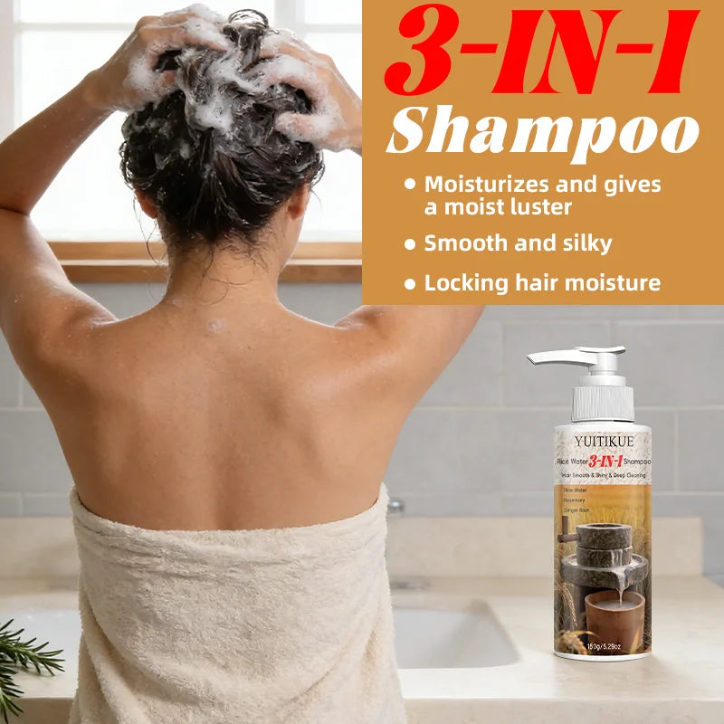 YUITIKUE Rice Water 3-in-1 Shampoo - Rosemary Ginger Root Deep Cleansing Shampoo for Smooth Shiny Hair