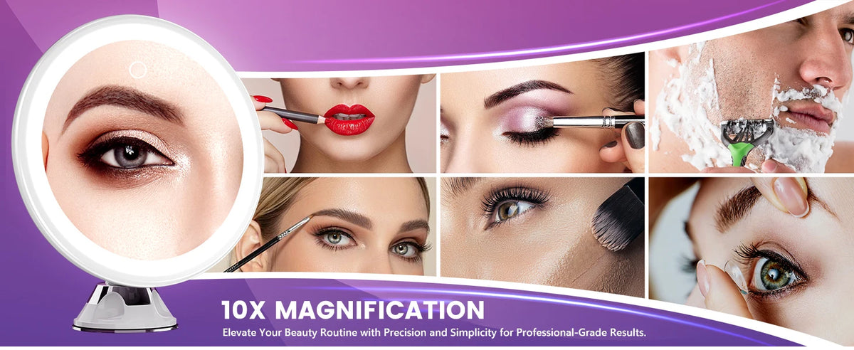 Portable 10X Magnifying Makeup Mirror with 3 Colors Lights Cosmetic Mirror with Suction Cup Brightness Dimmable 360° Rotation