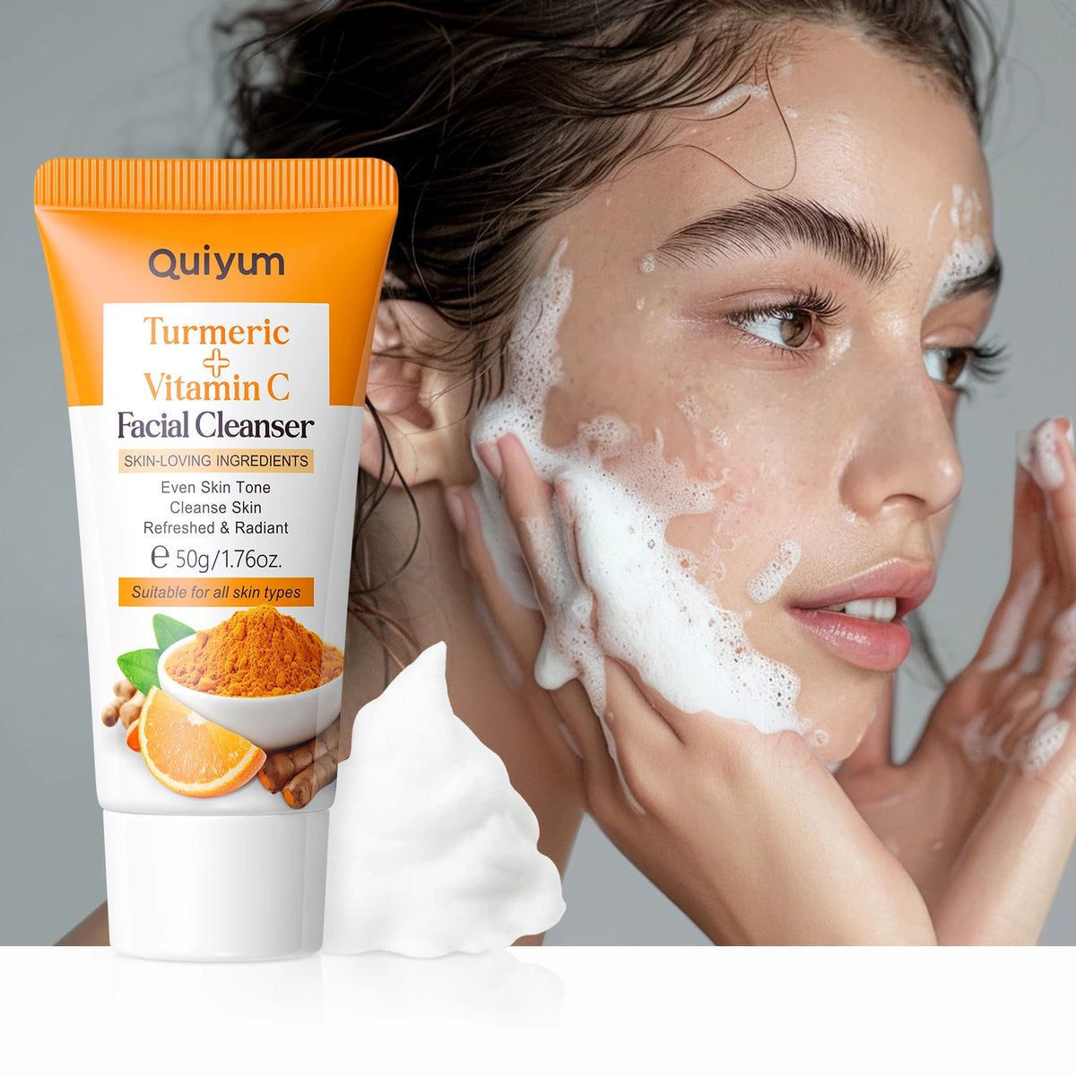 Quiyum Turmeric Vitamin C Cleanser Brighten Skin Tone Gentle Cleansing Face Wash Oil Control 50g