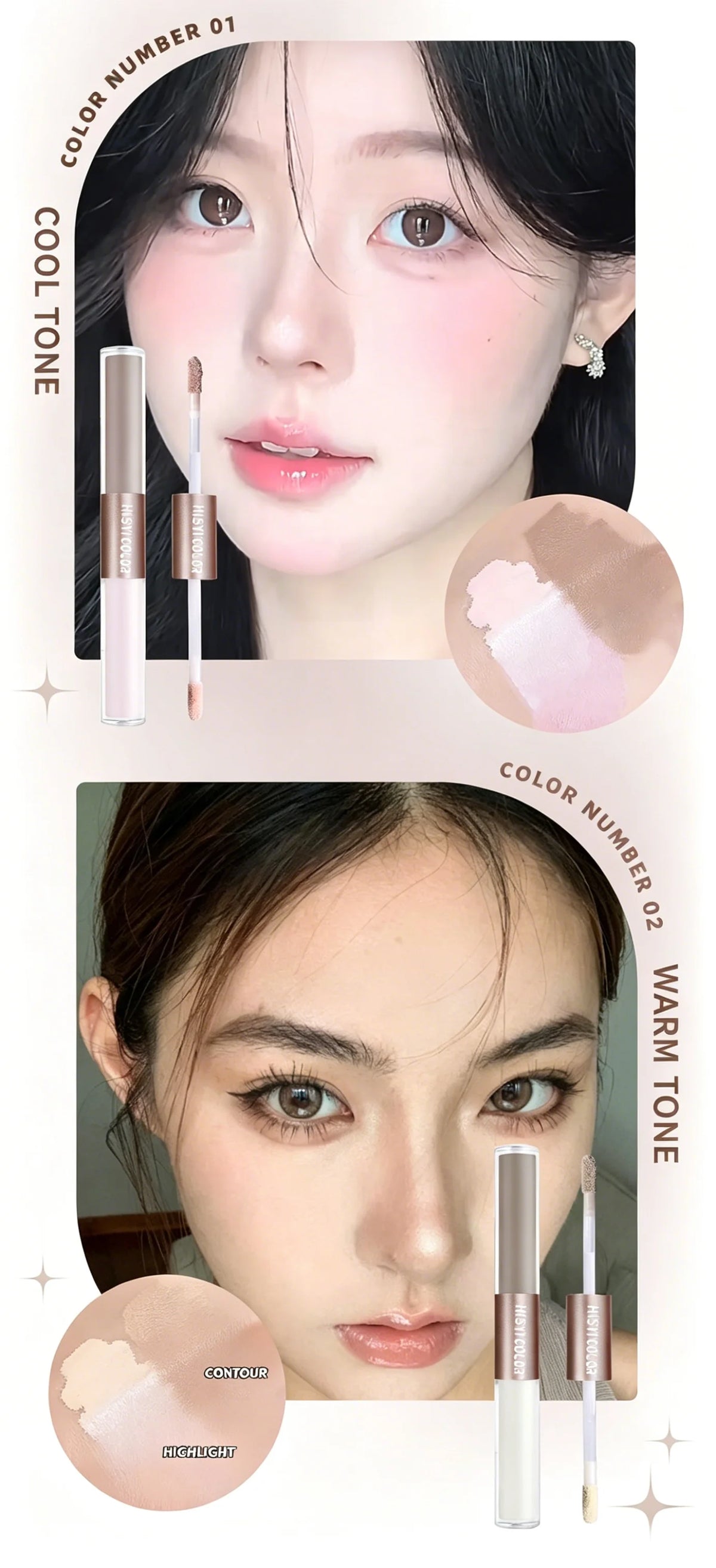 The dual-head highlighter brightens the complexion, regulates facial contours, and is long-lasting and waterproof