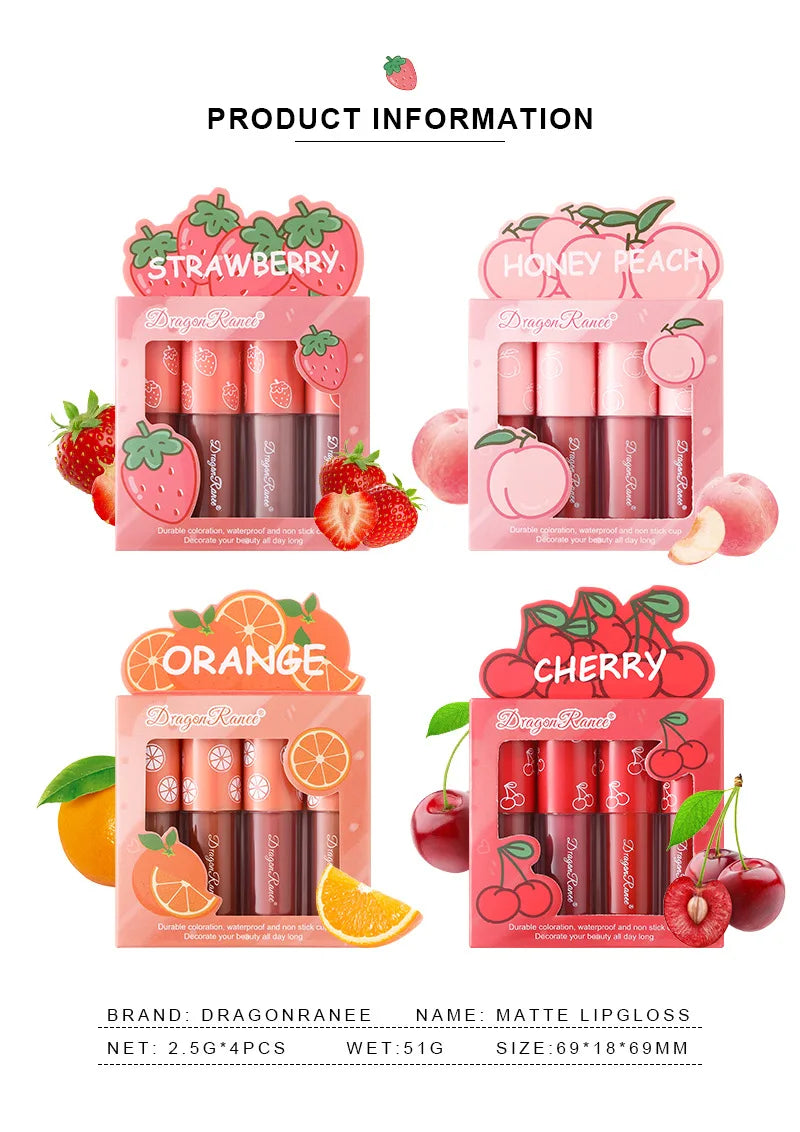 Mini Velvet Matte Lip Gloss Set, 3pc/4pcs Non-Fading, Non-Stick Cup, Long-Lasting Fruit Scented Lip Tint, Smooth and Lightweight
