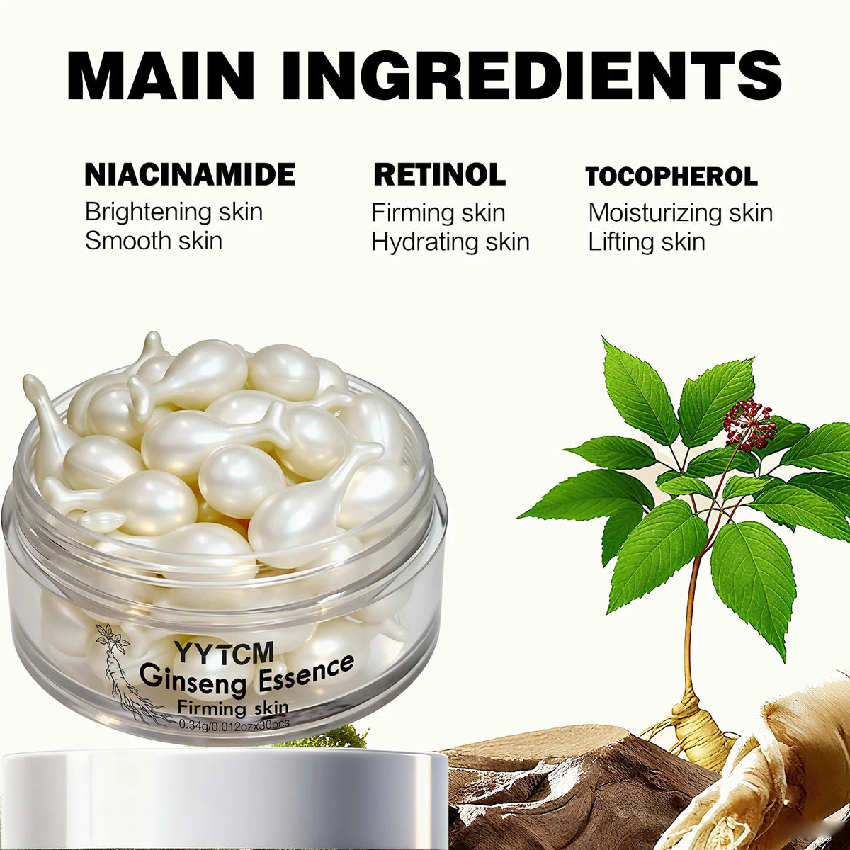 Ginseng Essence Capsules, Moisturizing and Firming Essence Serum, Contains Squalane, Niacinamide, Vitamin E, Retinol, Deep Hydration (0.34Gx30 Capsules)/Bottle-1 Bottle