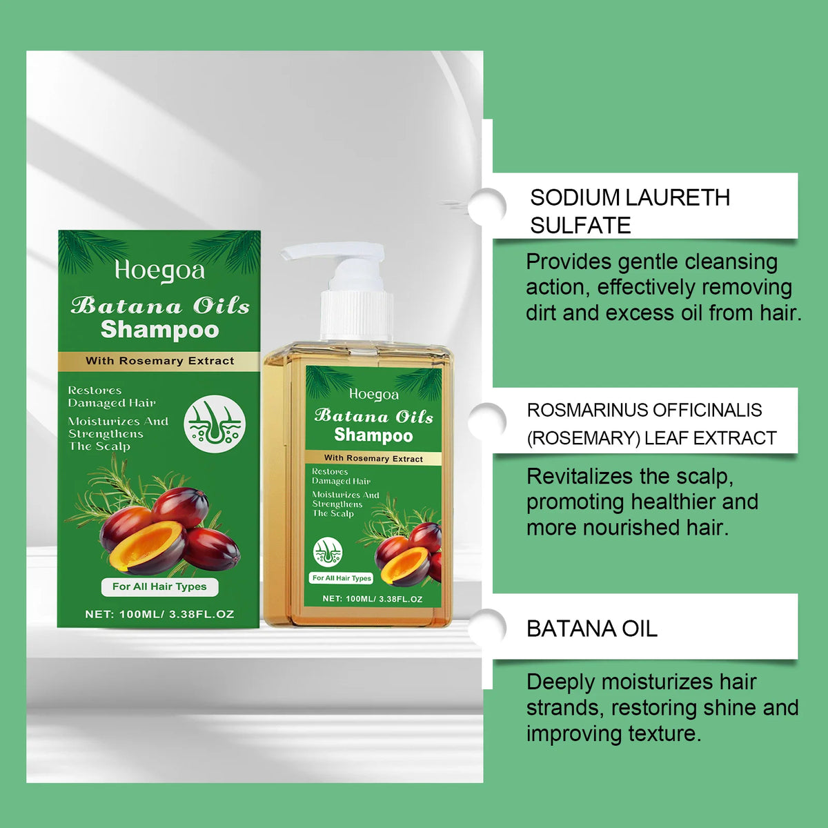 Batana Rosemary Shampoo Cleaning Scalp Anti Dandruff Oil Control Refreshing Hair Shampoo Anti Loss Restore Damaged Hair Care