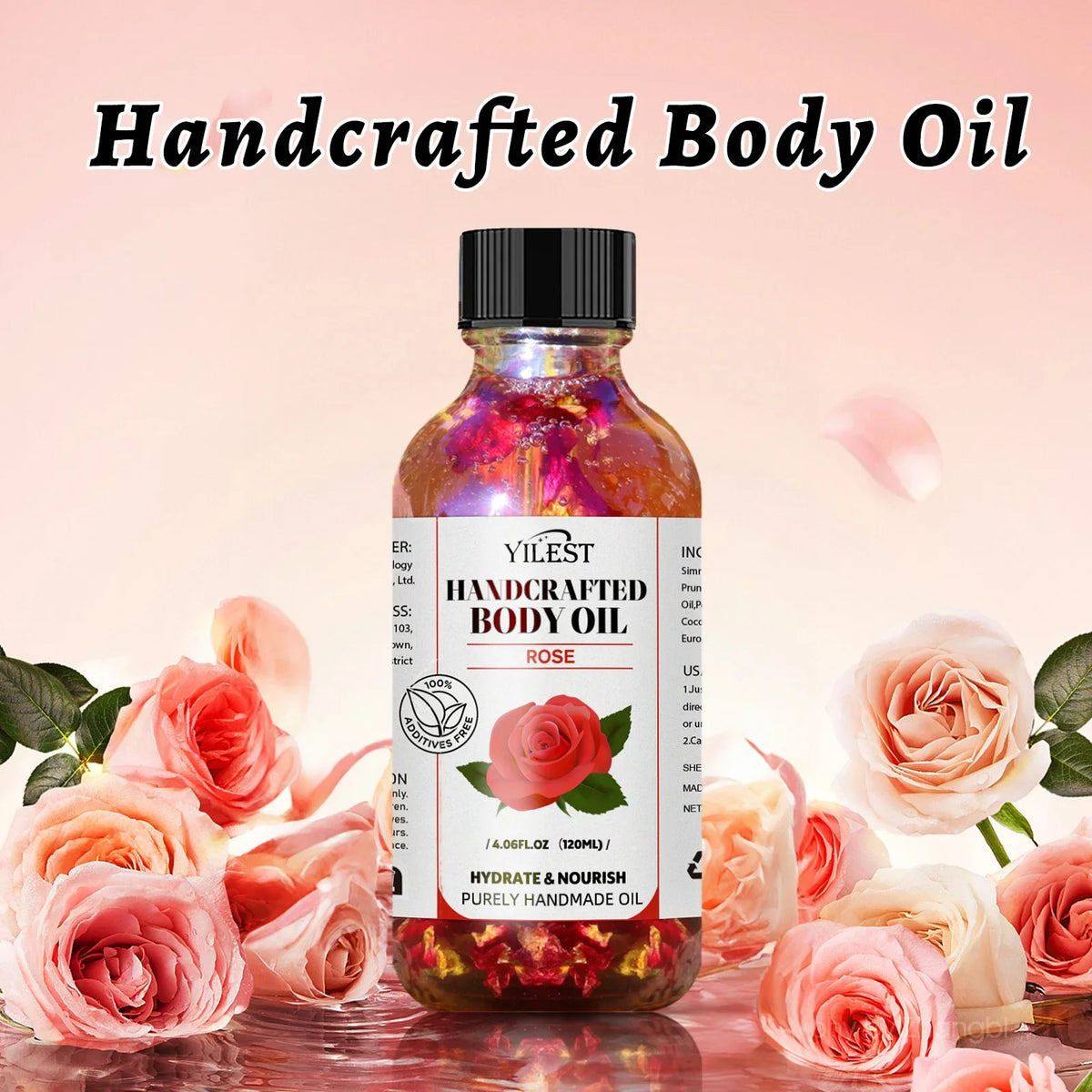 Handcrafted Rose Body Oil - 120ml Natural Blend for Dry Skin, with Jojoba & Sweet Almond Oil for Deep Hydration & Glowing Skin