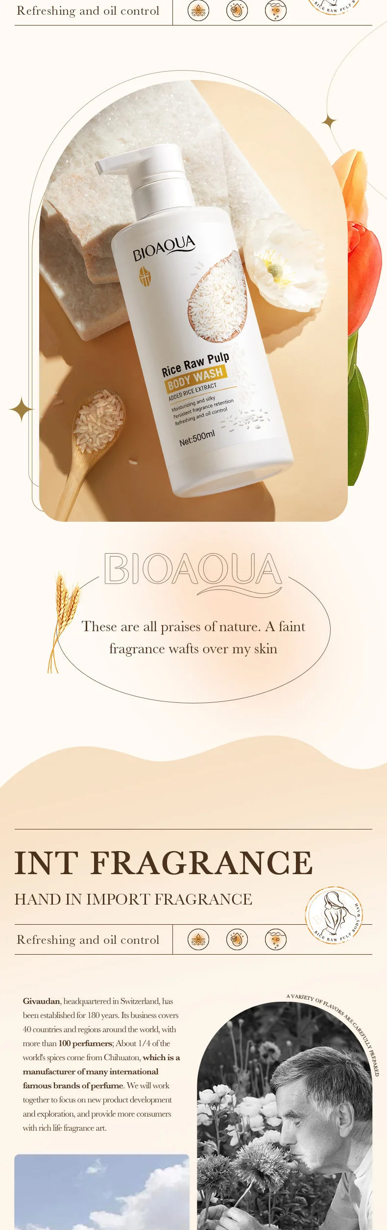 Rice Raw Pulp Body Shower Gel 500ml, Hypoallergenic and Moisturizing, Refreshing Oil Control, Long-Lasting Light Fragrance, Suitable for All Light Beige Skin Types and Sensitive Skin, Easily Removes Oil and Dirt, Daily Nouris