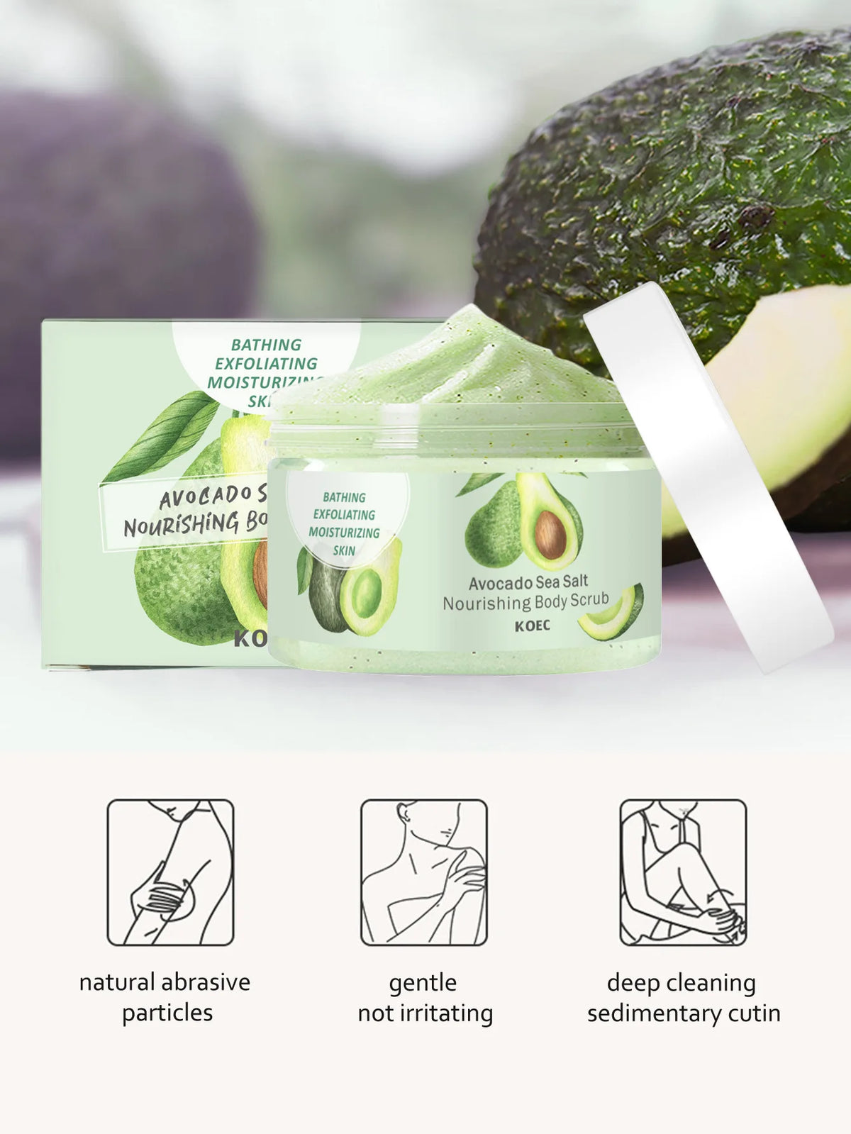 230g KOEC Avocado Dead Sea Salt Bathing Body Scrub Moisturizing Exfoliating Nourishing Brightening Shea Butter Natural Seed Oils