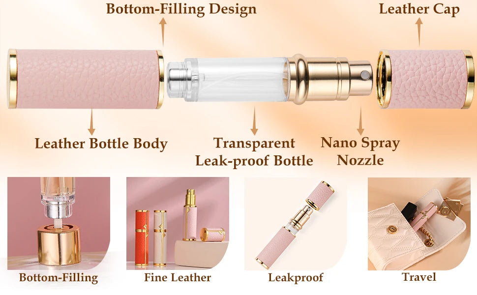 5ml PU Leather Mini Perfume Atomizer Bottle Sprayer Suitable for Boarding Tight Sealing Travel Customized Refillable Bottles