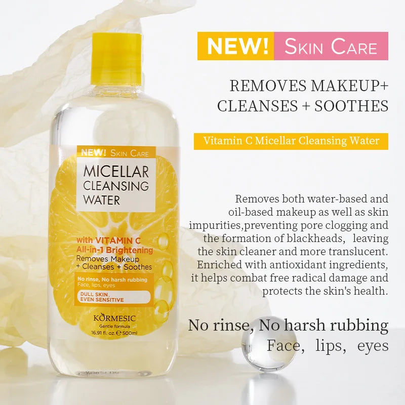 KORMESIC Micellar Water 500ml – Vit C Brightening / HA Hydrating, Removes + Cleanses, No Rinse, Face/Lips/Eyes