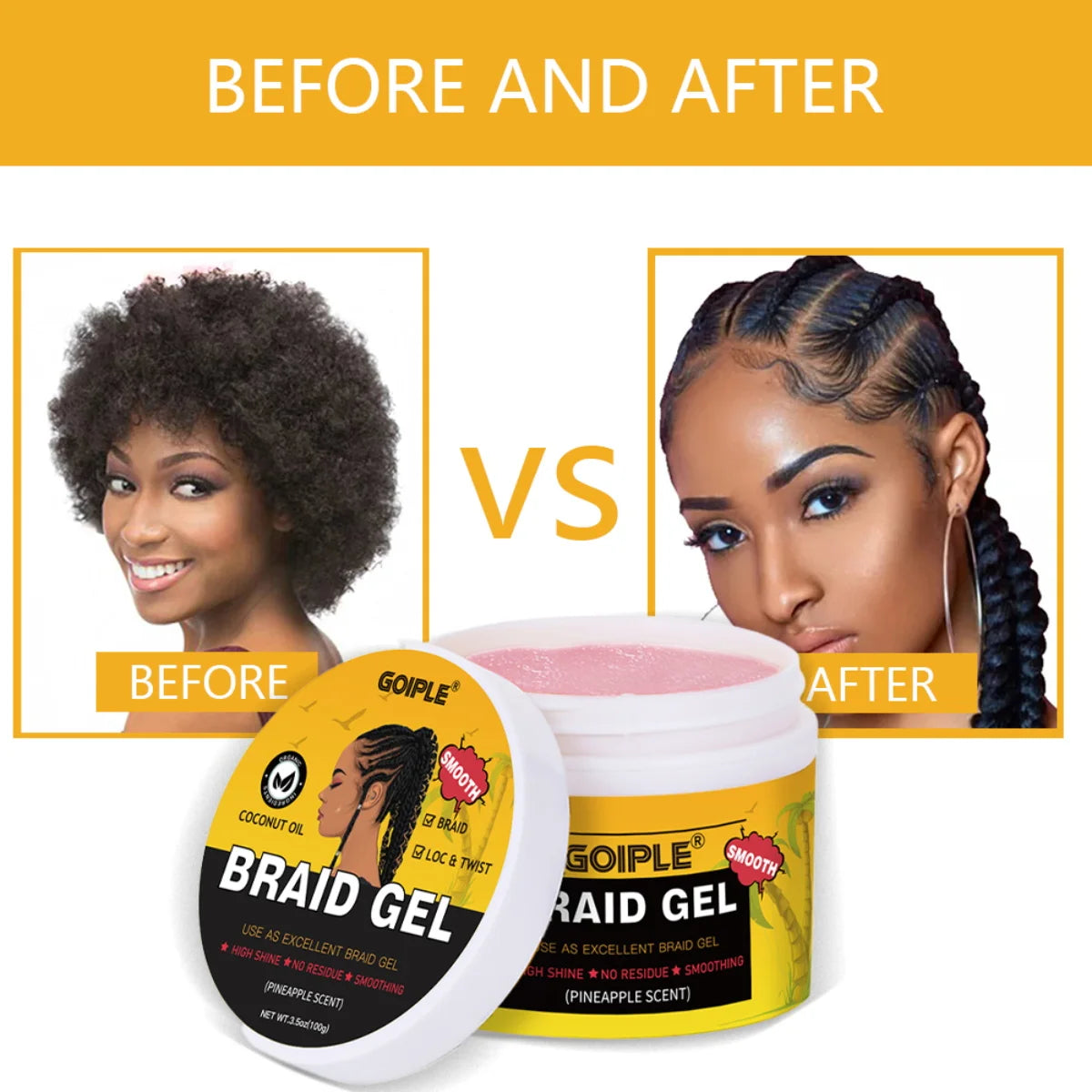 GOIPLE Strong Hold Braid Gel High Shine Cleansing Moisturizing Foaming for Twists & Locs Edges Cornrows Anti-Frizz Braiding Wax