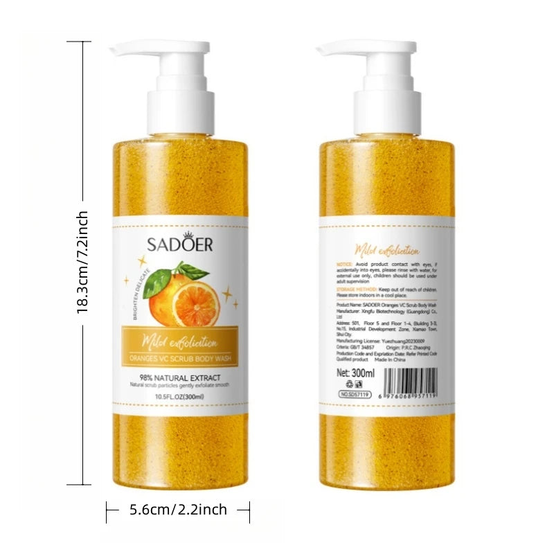300ml Orange Body Scrub Shower Gel, a Cleansing Body Wash Containing Fresh Orange Extract, Citrate Salts, and Other Skin Care Ingredients. the Fine Scrub Particles Deeply Cleanse Skin Impurities and Dead Skin Cells, While Hyd