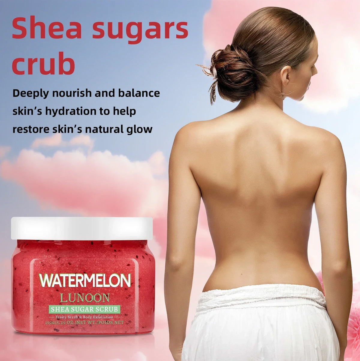 Watermelon Shea Butter Sugar Scrub 150g - Natural Exfoliator for Smooth, Hydrated Skin on Elbows, Knees, Back & Legs.