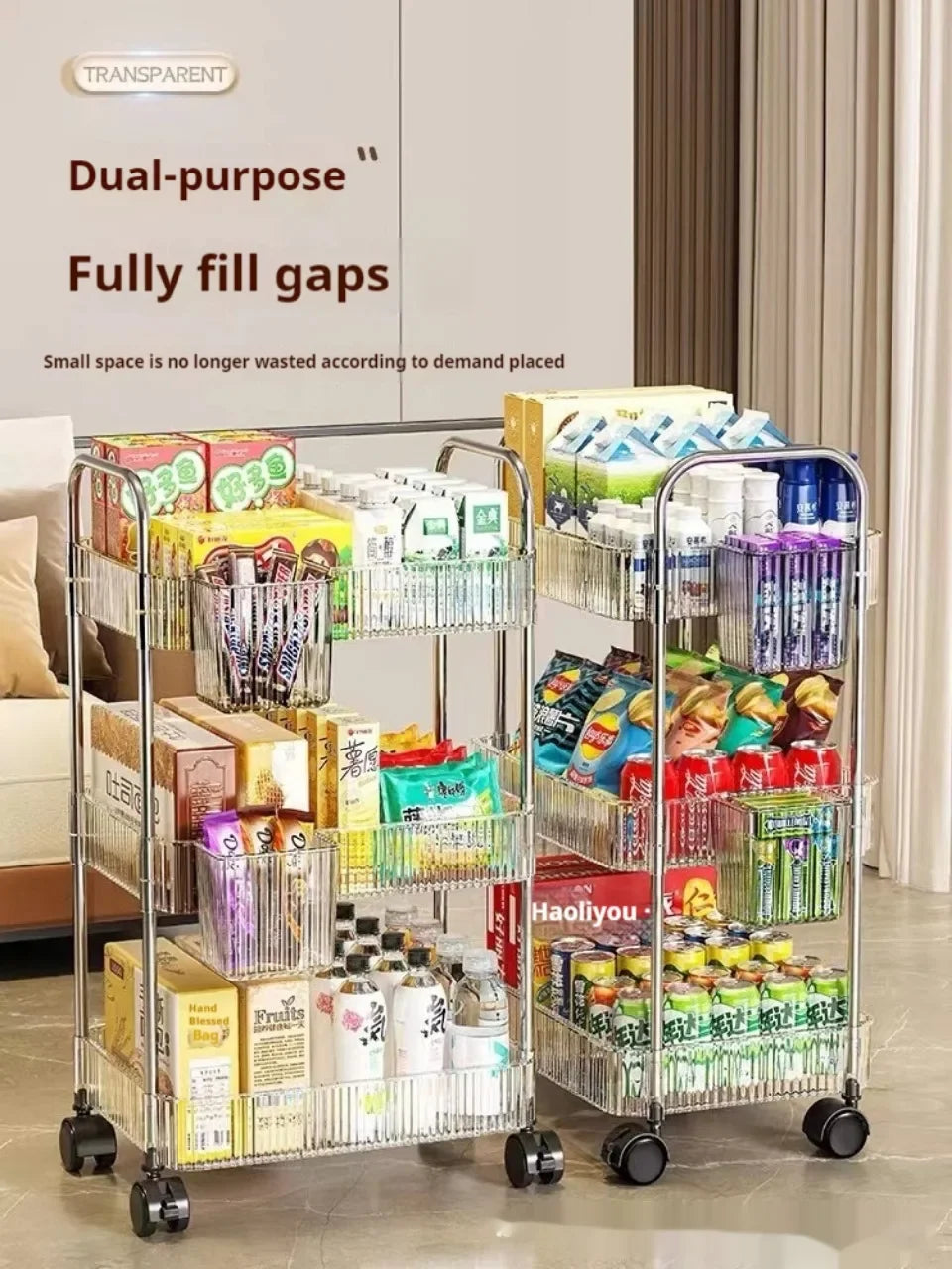 2/3/4 Layers Transparent Storage Rack with Wheels, Home Trolley Cart Suitable for Snacks Cosmetic Sundries and Kitchen Organizer