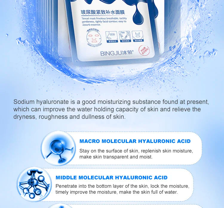 10 Pieces Hyaluronic Acid Facial Mask Sheet Pores Moisturizing Oil-Control Anti-Aging Replenishment Whitening Face Care