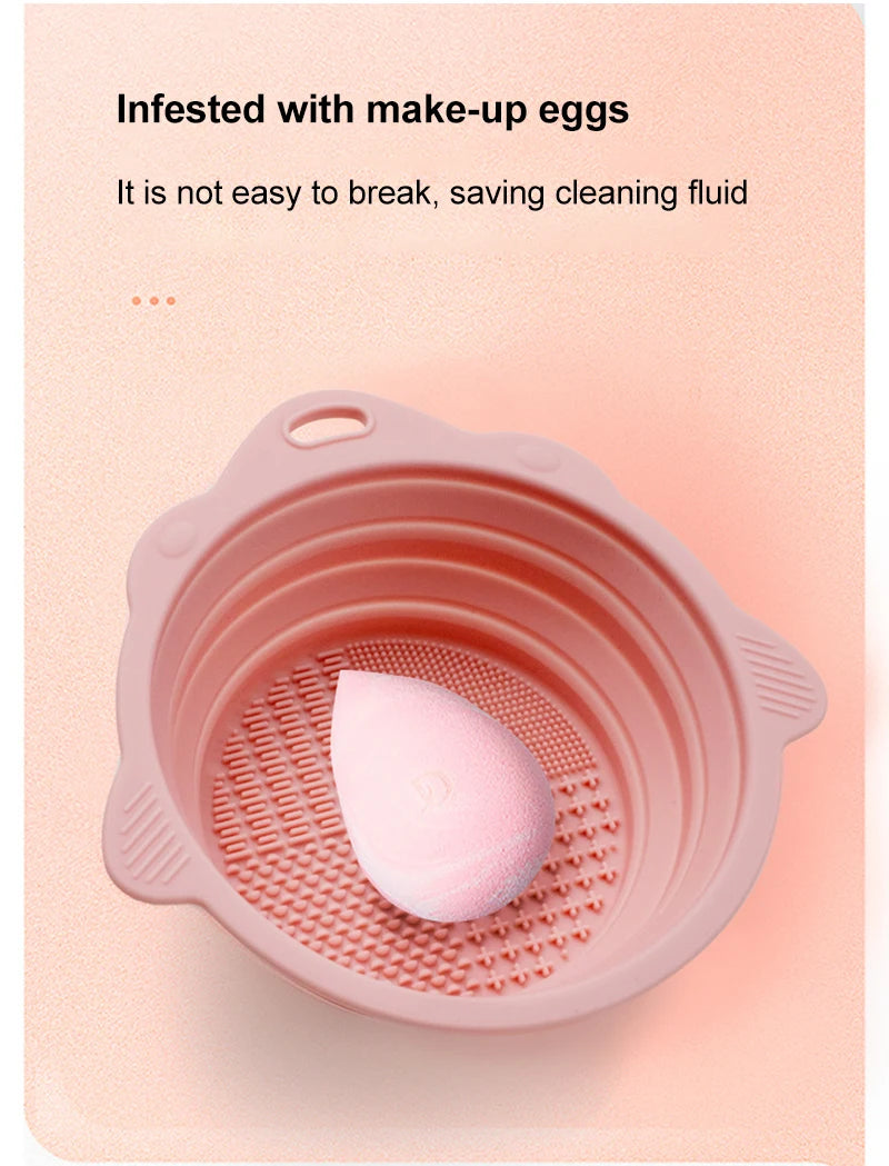 Multi-functional Silicone Makeup Brush Cleaning Bowl Powder Puff Beauty Washing Scrubber Pad with Folding Brush Holder