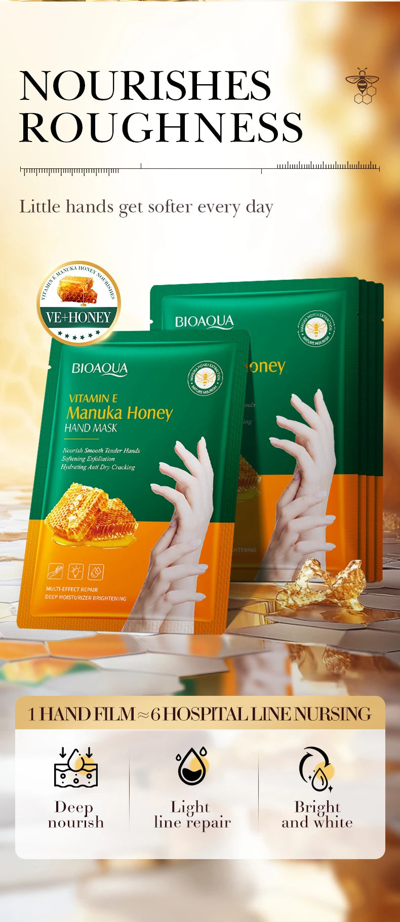 Vitamin E Hand Mask Manuka Honey Nourishing Hydrating Hand Care Film Long-Lasting Moisturizing Soft Smooth Hand Skincare