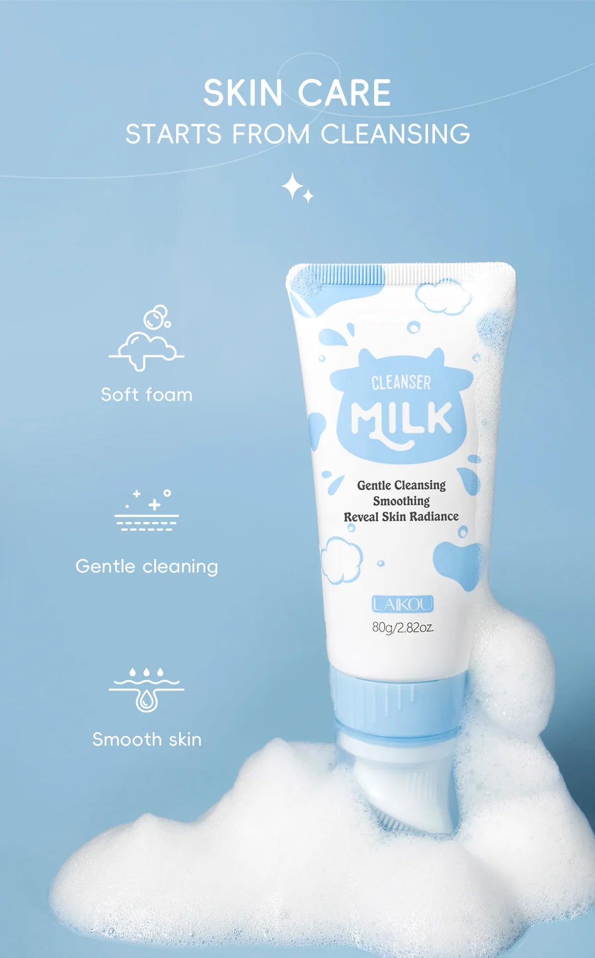 LAIKOU Milk Foaming Cleanser Dual Amino Acids Gentle Deep Cleansing Brightening for All Skin Types 80g