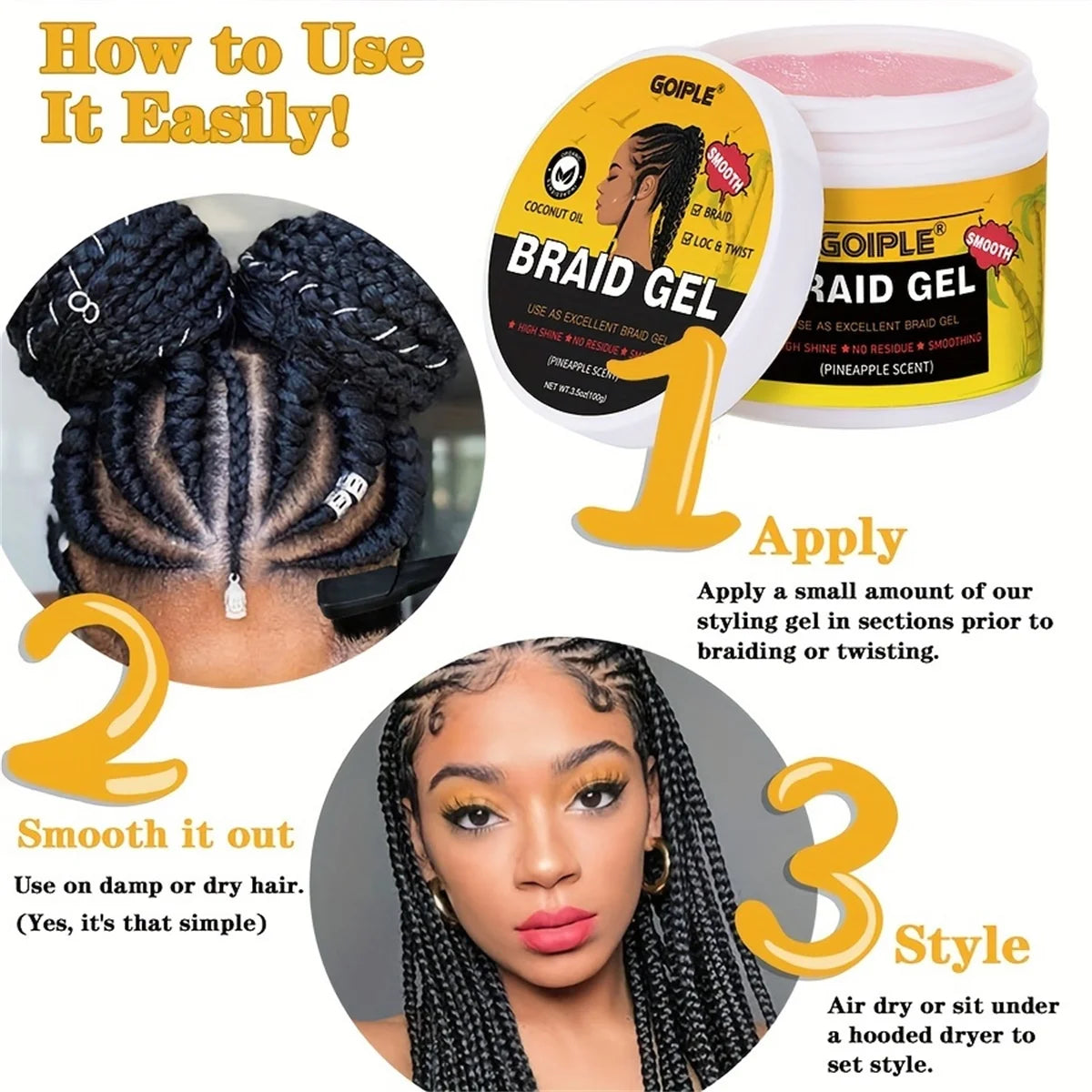 GOIPLE Strong Hold Braid Gel High Shine Cleansing Moisturizing Foaming for Twists & Locs Edges Cornrows Anti-Frizz Braiding Wax