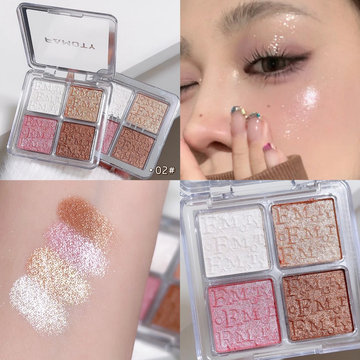 4-Color Face Highlighter Palette, Pearly Glitter Shimmer Smooth Baked Powder, Lasting Sparkling Highlighter Makeup