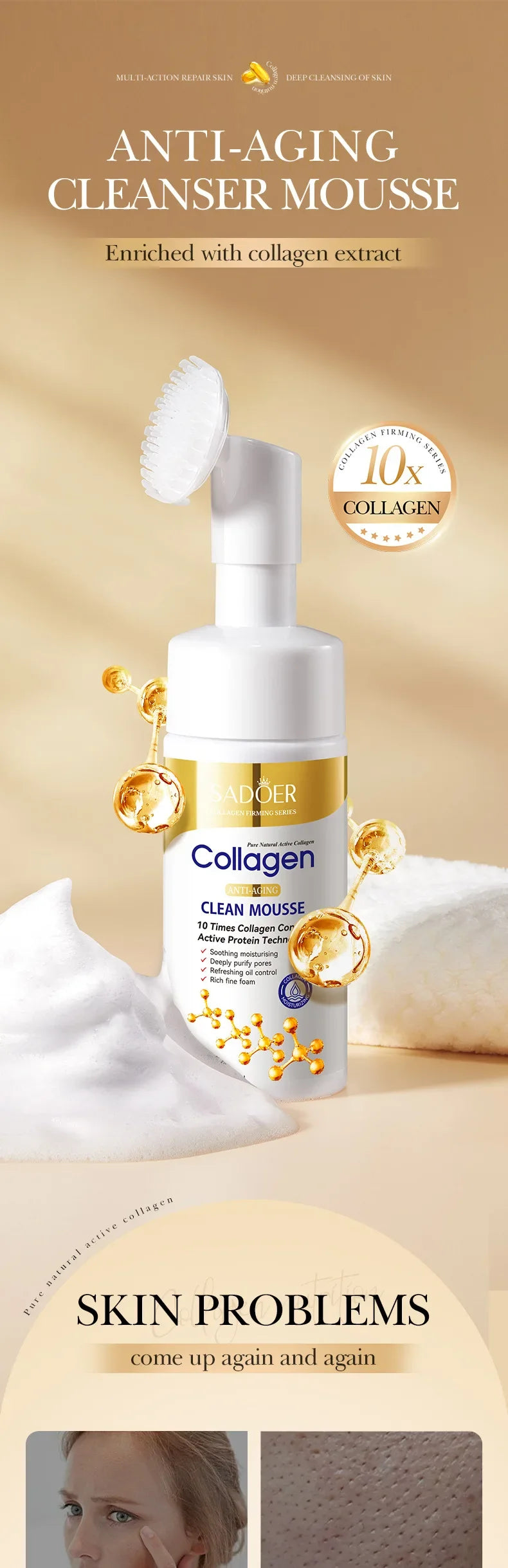 SADOER Collagen Facial Cleanser Mousse Deep Cleansing Skincare Moisturizing Firming Face Wash Foam Cleanser Skin Care Products