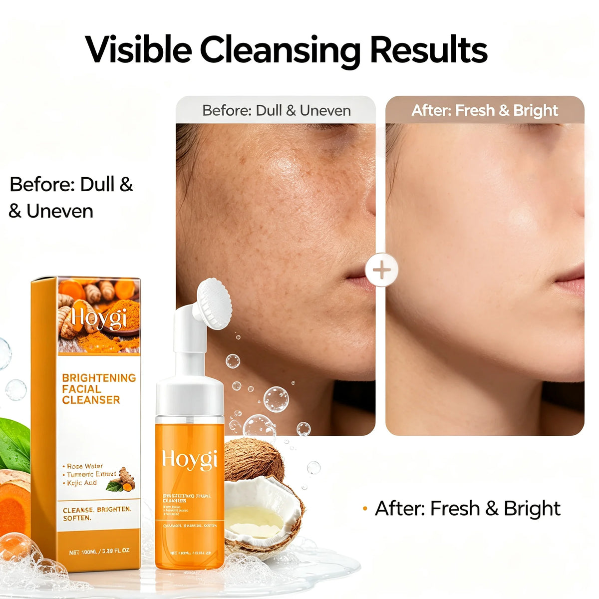 2-in-1 Turmeric Brightening Cleanser,Built in Silicone Brush Head,Synergistic Brightening Formula,Amino Acid Based Gentle Cleansing,Rose Water Hydration&Calming,Deep Nourishing, Cleansing&Hydrating All in One,Instant Foaming