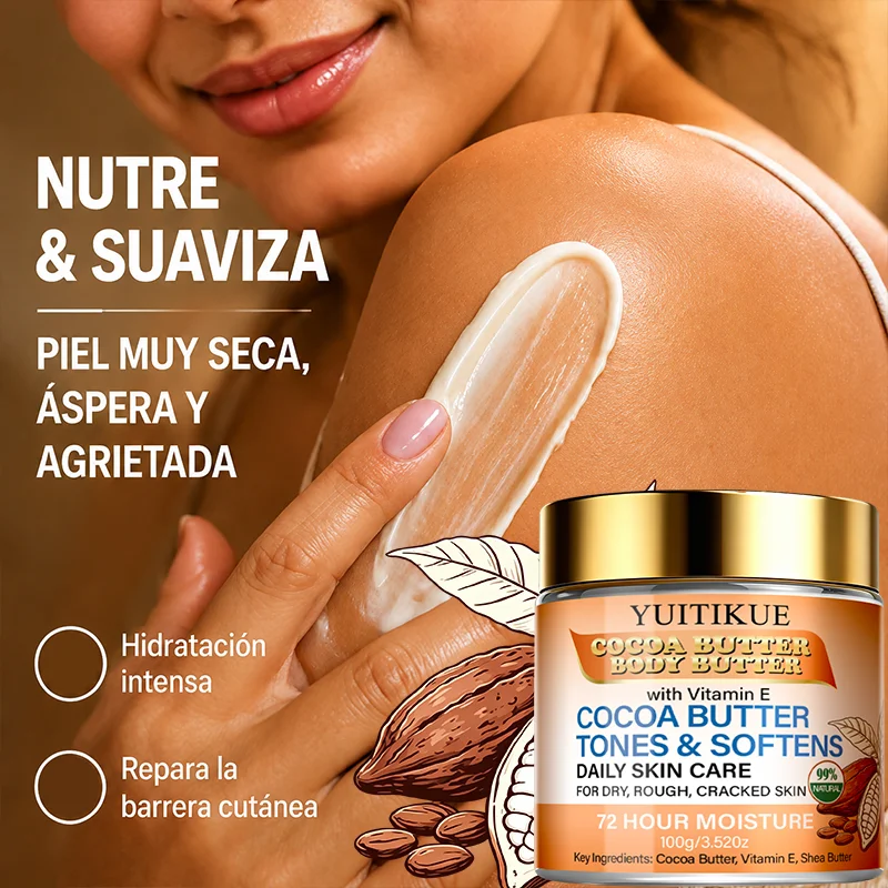 YUITIKUE Natural Cocoa Butter Body Butter, Shea Butter Vitamin E 72H Moisturizer for Dry Cracked Skin 100g