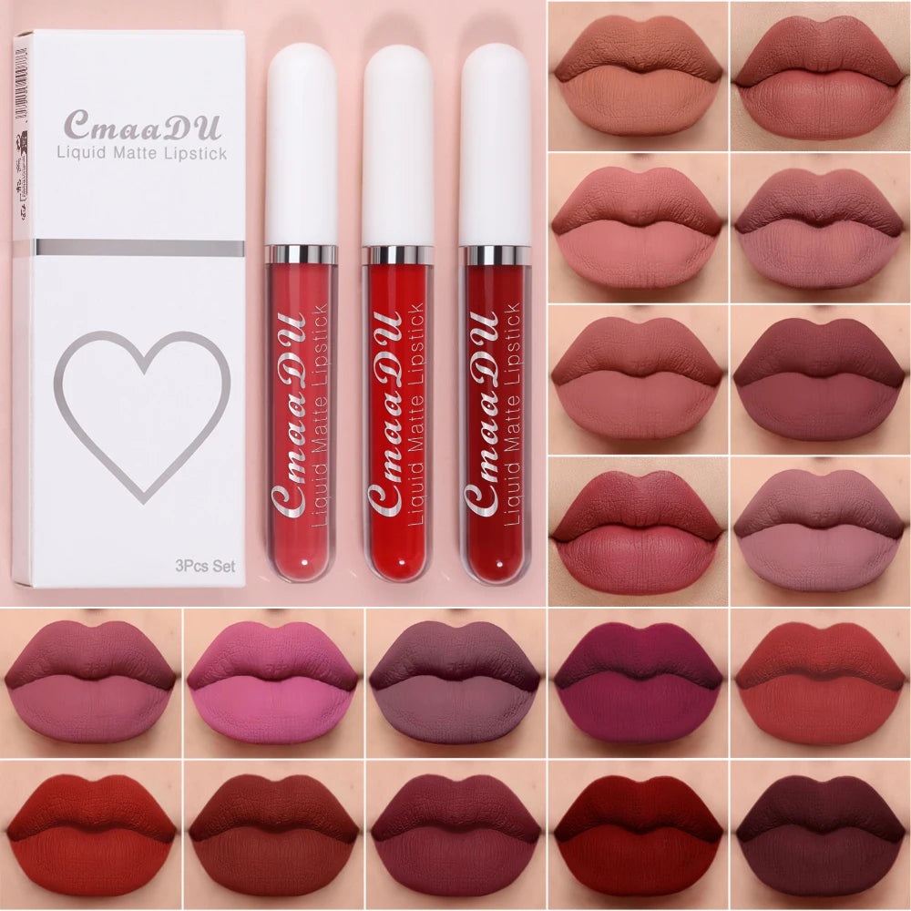 3 Pcs Matte Lipstick Lip Gloss Sets Long-Lasting Non-Fading Waterproof Non-stick Cup Exquisite Gift Everyday Holiday Universal