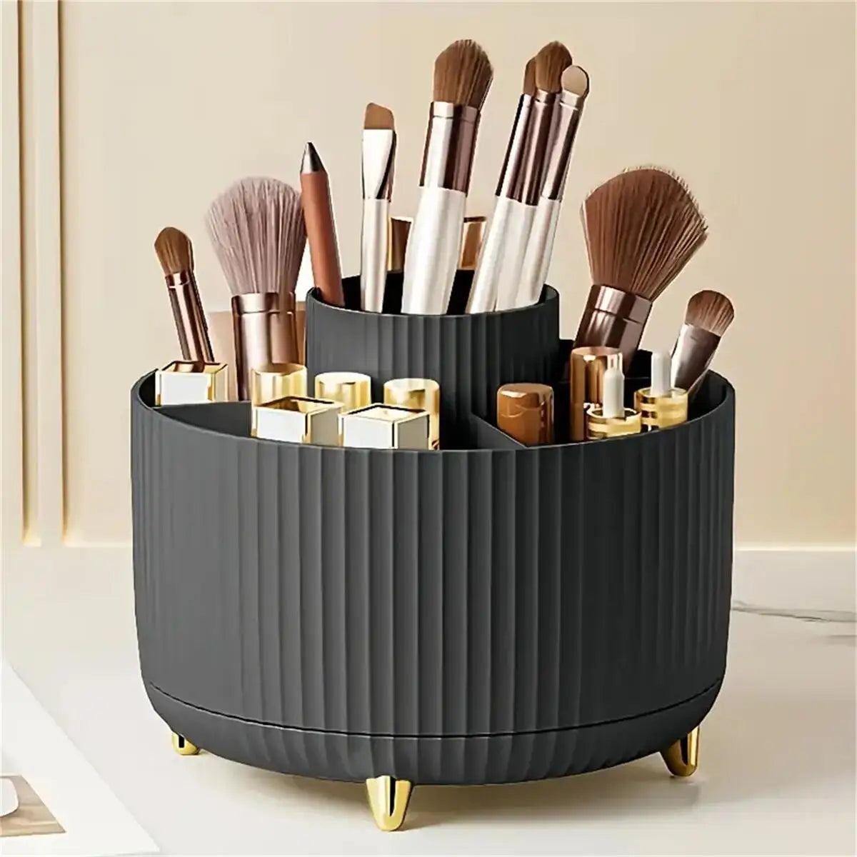 360° Rotating Makeup Organizer - 1pc Plastic Cosmetic Storage with 5 Compartments - Multi-Functional Holder for Brushes