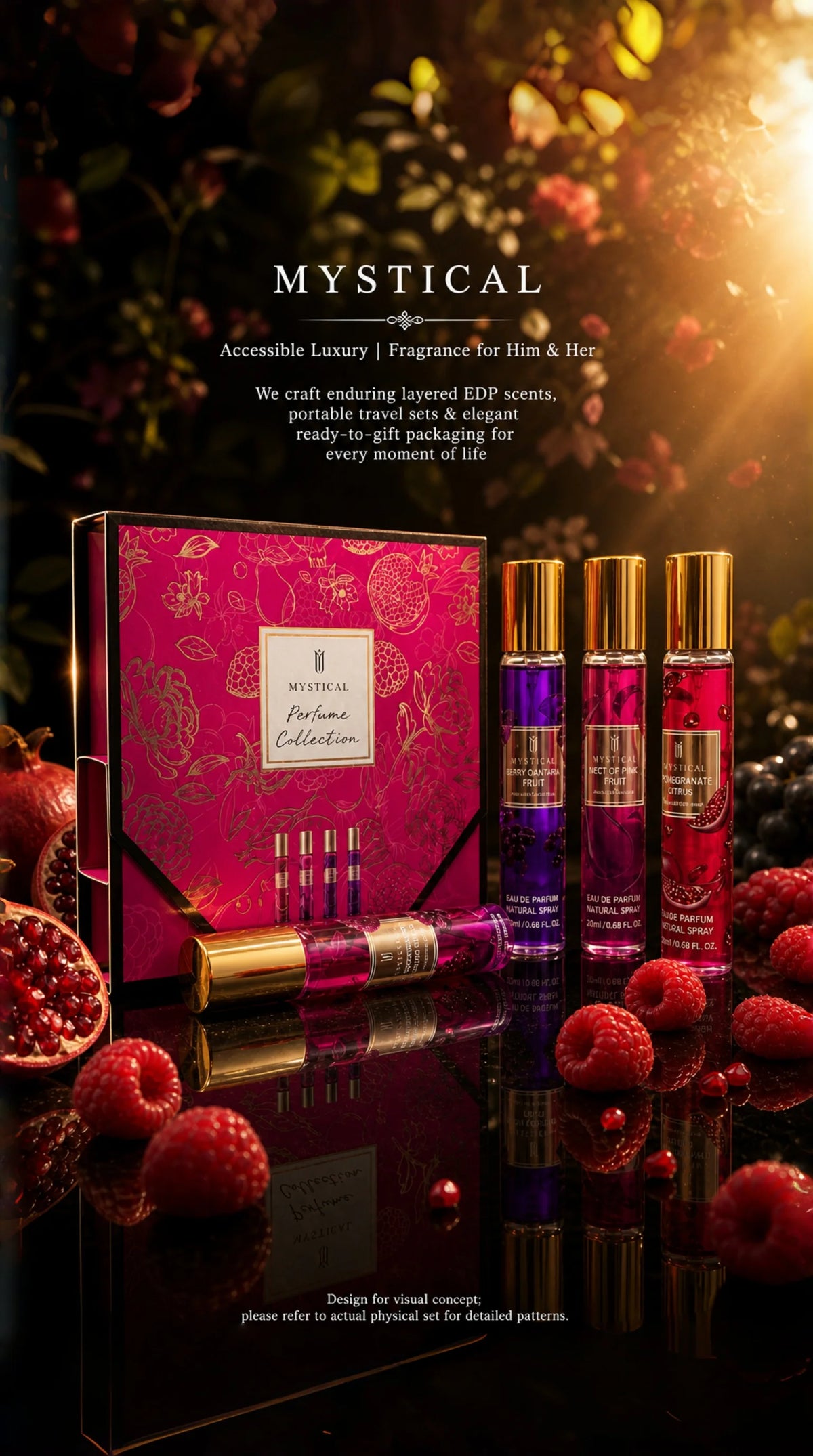 MYSTICAL 4pcs Berry & Fruit Perfume Set, Long Lasting EDP Fragrance Discovery Kit for Cocktail Parties, Vacations & Daily Wear, Raspberry Rose, Pomegranate Citrus & Merlot Pear, 0.68oz X 4 Travel Sampler, Luxury Beauty Gift f